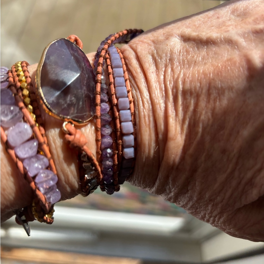 CLEARANCE Boho Handmade Wrap Leather Tube Crystal Stone Bracelet Amethyst stone. - Picture 7 of 8